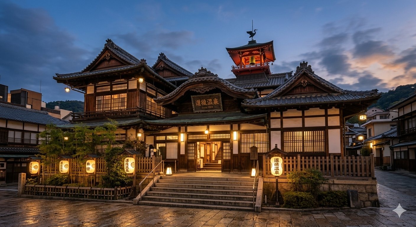 Dogo Onsen Honkan in Matsuyama, Ehime — the 1894 wooden bathhouse widely cited as a primary architectural inspiration for Studio Ghibli's Spirited Away