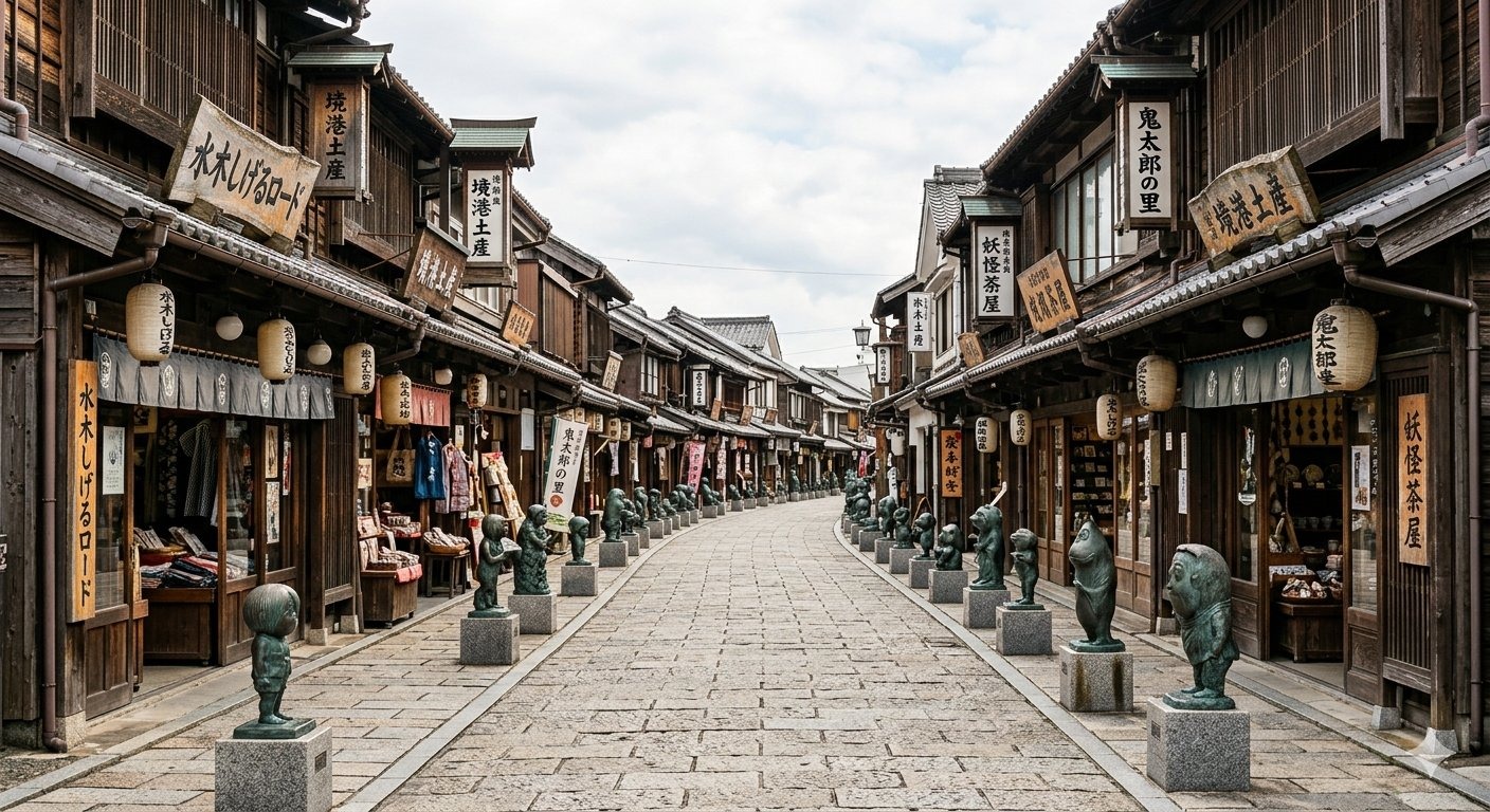 Mizuki Shigeru Road in Sakaiminato, Tottori — the 800-meter shopping street lined with 177 bronze yokai sculptures from GeGeGe no Kitaro