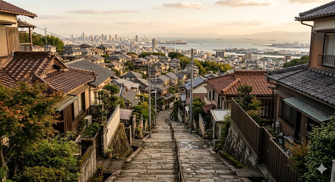 Nishinomiya Kita High School area in Hyogo — the hillside school approach and surrounding neighborhoods featured in the cult slice-of-life series The Melancholy of Haruhi Suzumiya