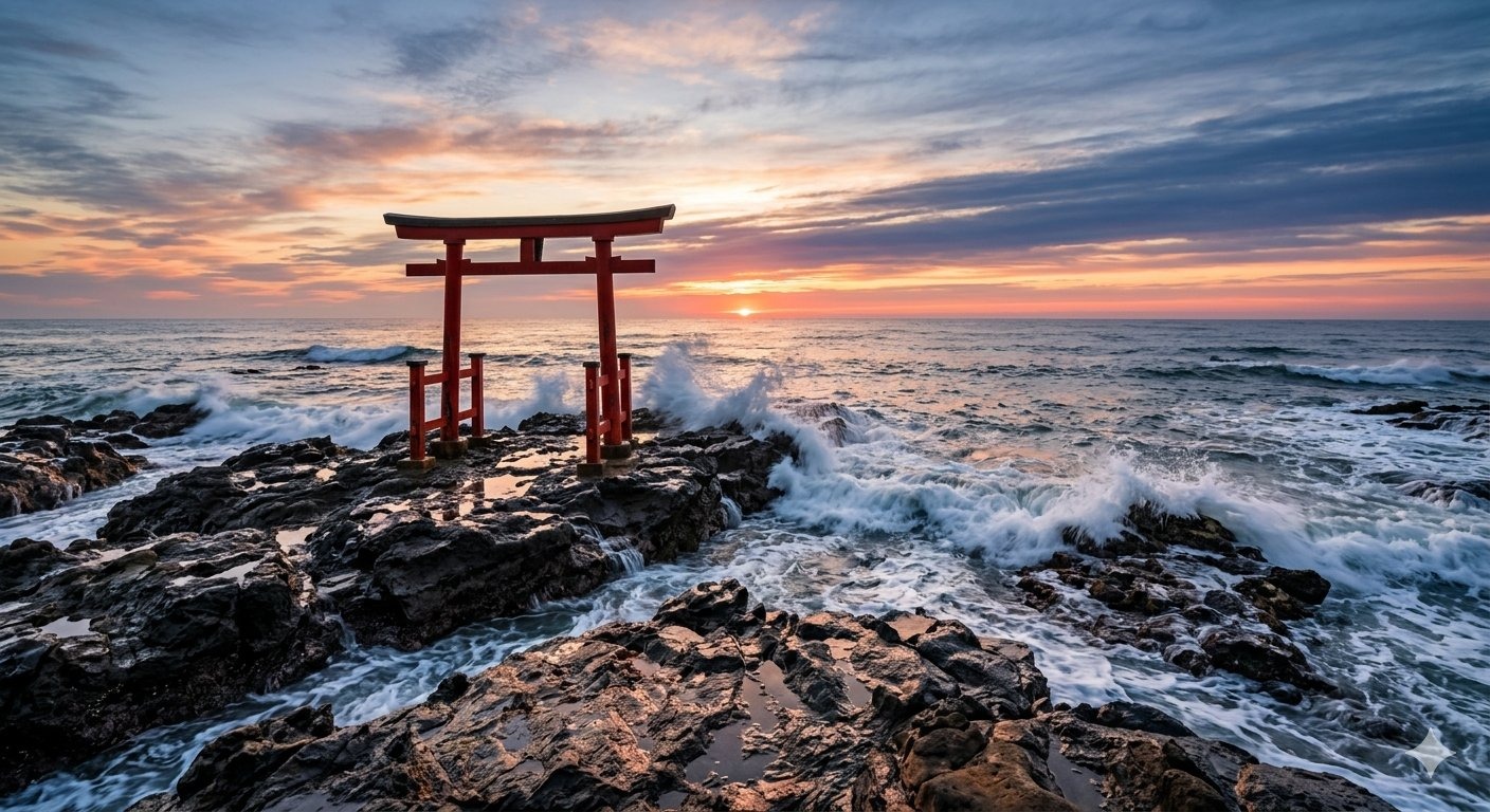 Oarai Isosaki Shrine sea torii in Ibaraki — the dragon-flanked Pacific torii featured in tank-warfare anime Girls und Panzer
