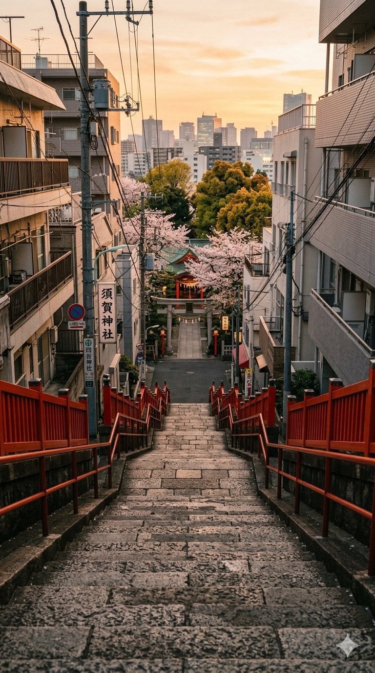 Suga Shrine staircase in Yotsuya, Tokyo — the iconic stone steps recreated frame-perfect in Makoto Shinkai's Your Name