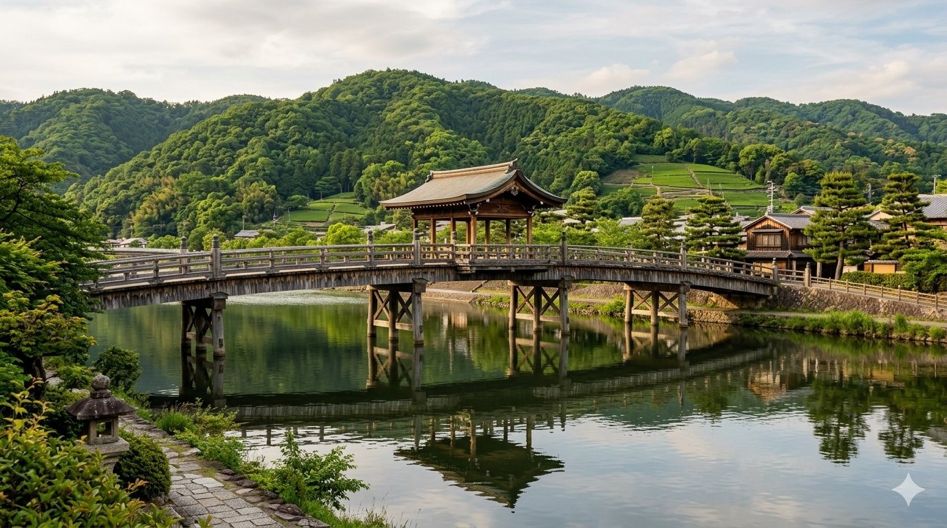 Uji Bridge in Kyoto — the historic 646 AD bridge over the Uji River near Byodo-in temple, featured throughout the high-school music drama Sound! Euphonium