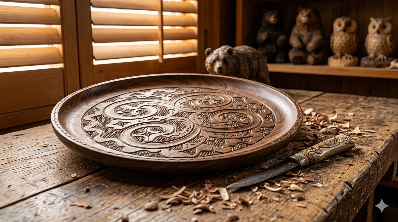 Ainu wood carving — birch and walnut carvings with moreu spiral and aiushi thorn motifs by Hokkaido's indigenous artisans