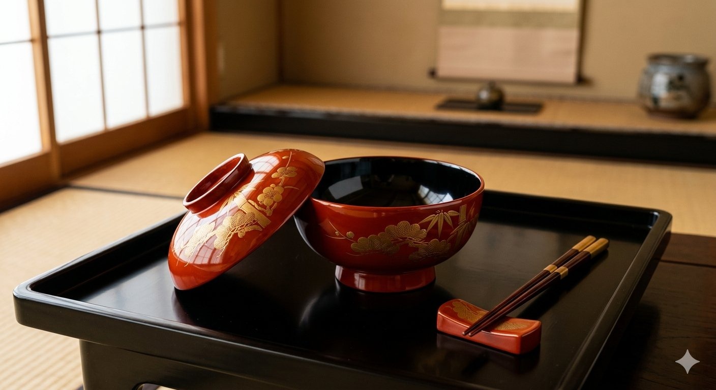 Aizu lacquerware — gold maki-e and high-gloss hana-nuri urushi lacquer trays and bowls from Aizu-Wakamatsu, Fukushima