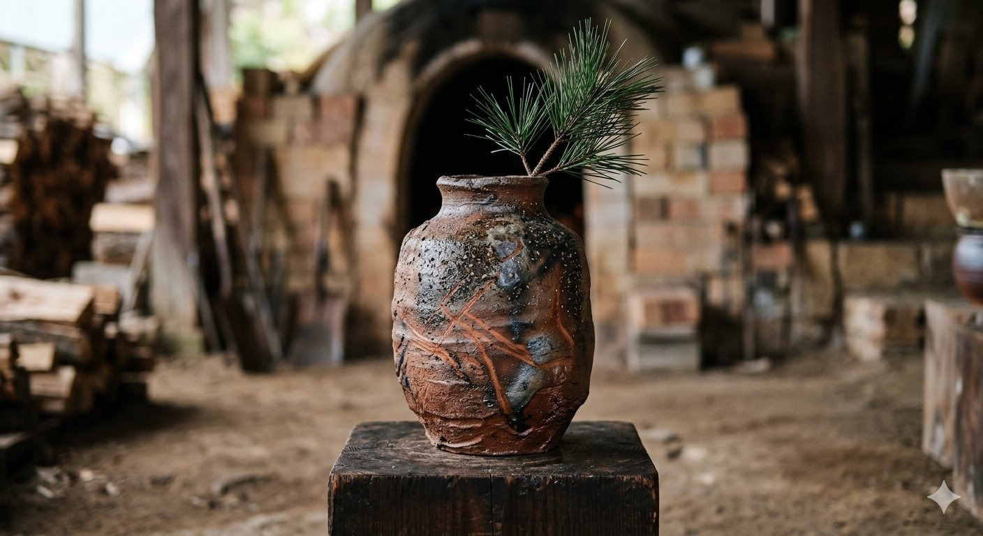 Bizen Ware — unglazed stoneware with goma ash, sangiri black, and hidasuki rope-mark surfaces fired in 12-day anagama kilns in Inbe, Okayama