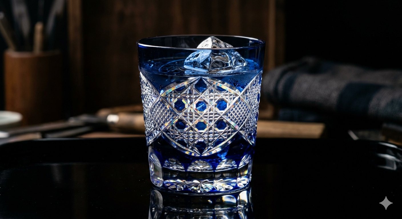 Edo Kiriko — hand-cut overlay glass with chrysanthemum and basket-weave patterns, crafted in Sumida, Tokyo since 1834