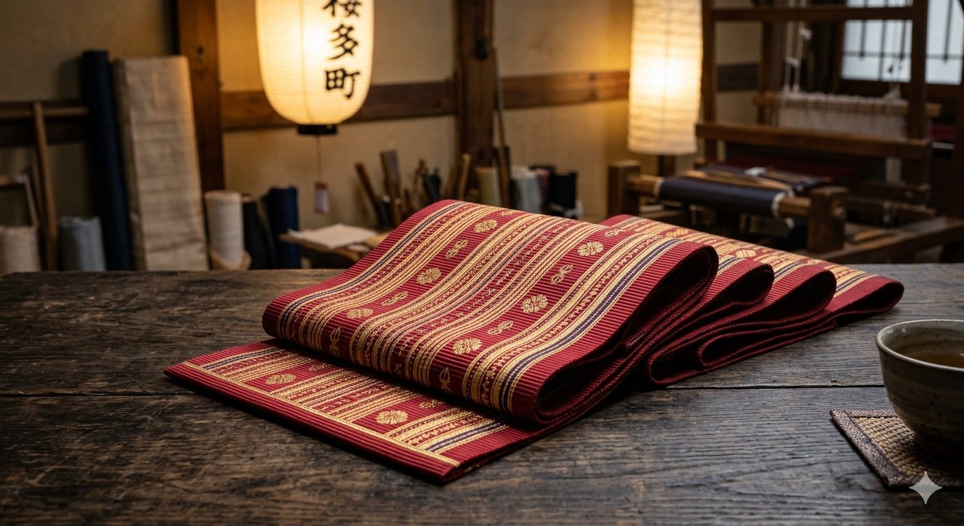 Hakata Ori — tightly-woven silk obi belts favored by sumo wrestlers and samurai, weaving in Fukuoka since 1241