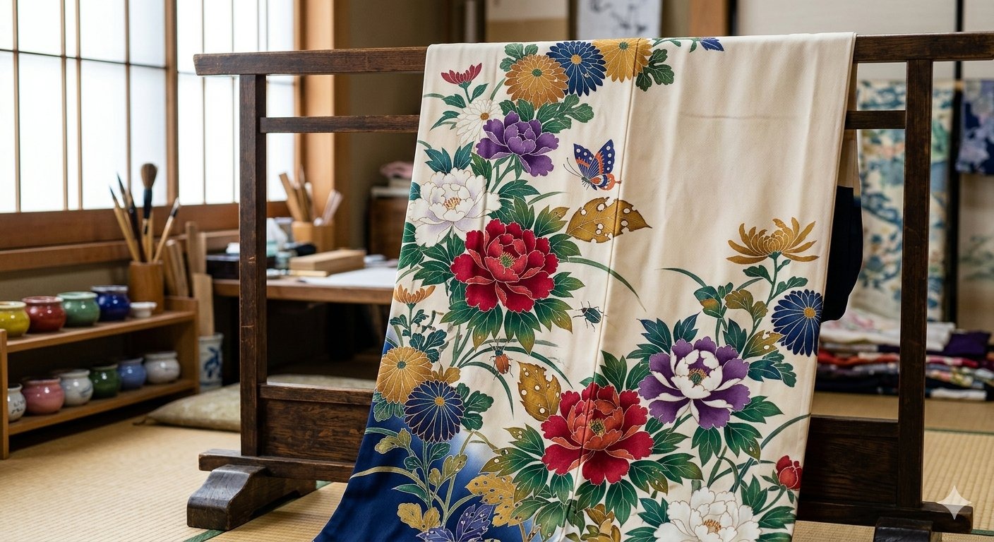 Kaga Yuzen — realistic hand-painted silk kimono dyeing with Kaga Five Colors and signature mushikui insect-bitten leaf motifs from Kanazawa