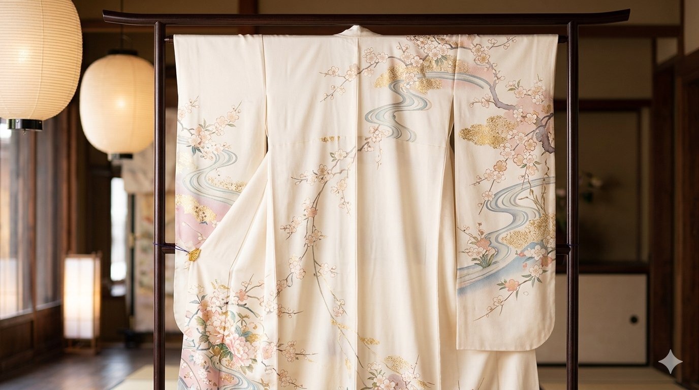 Kyo Yuzen — pastel silk kimono dyeing with cranes, plum, and seasonal motifs perfected by Miyazaki Yuzensai in 17th-century Kyoto