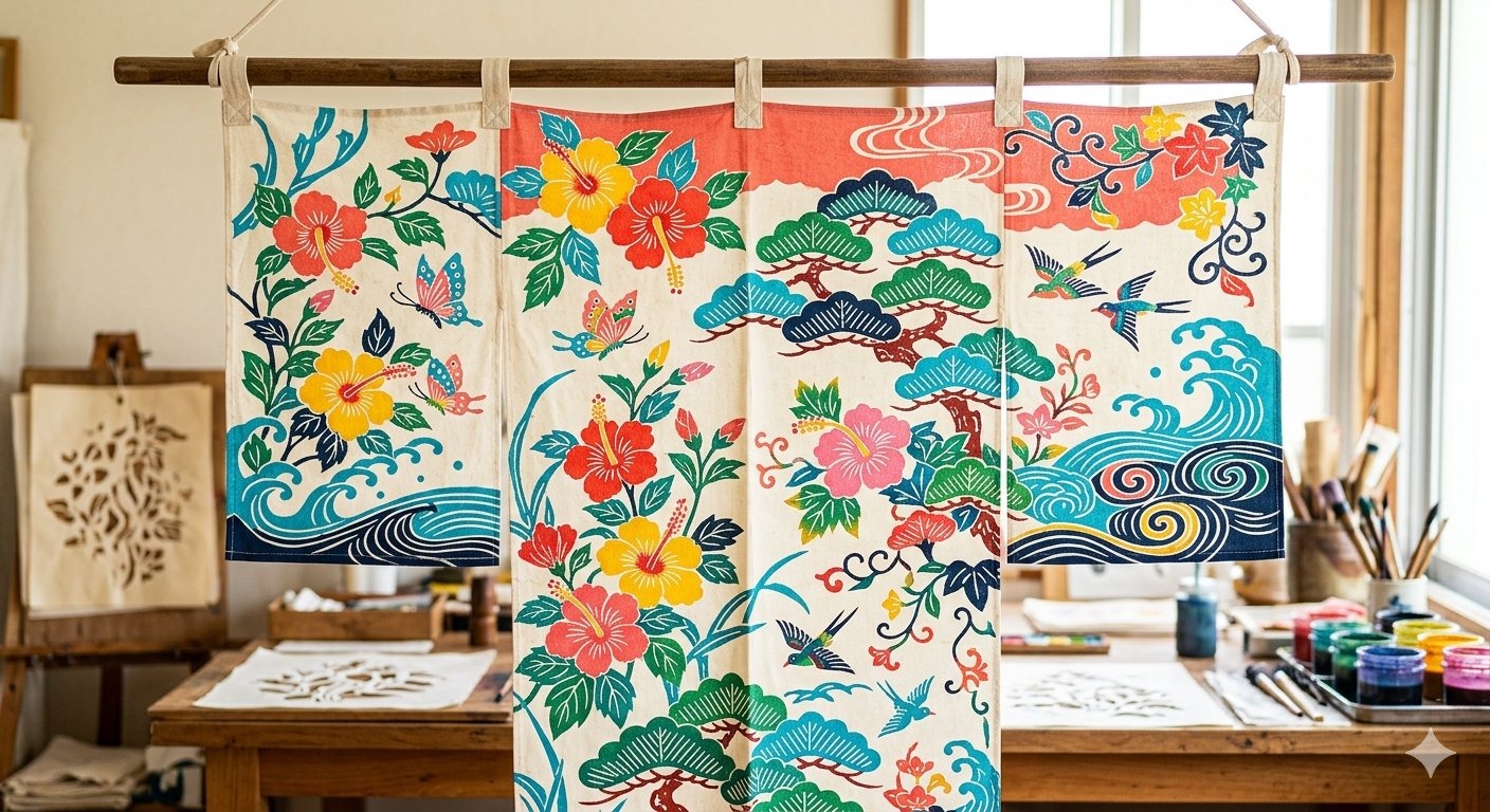 Ryukyu Bingata — vivid stencil-dyed Okinawan textiles with hibiscus, deigo, and butterfly motifs in subtropical reds, yellows, and indigos