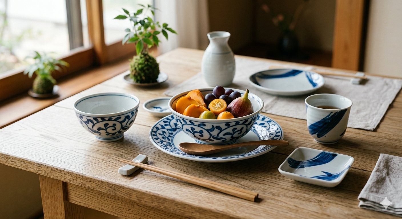 Tobe Ware — thick milky-white porcelain decorated with bold cobalt indigo gosu floral patterns from Tobe village, Ehime since 1777