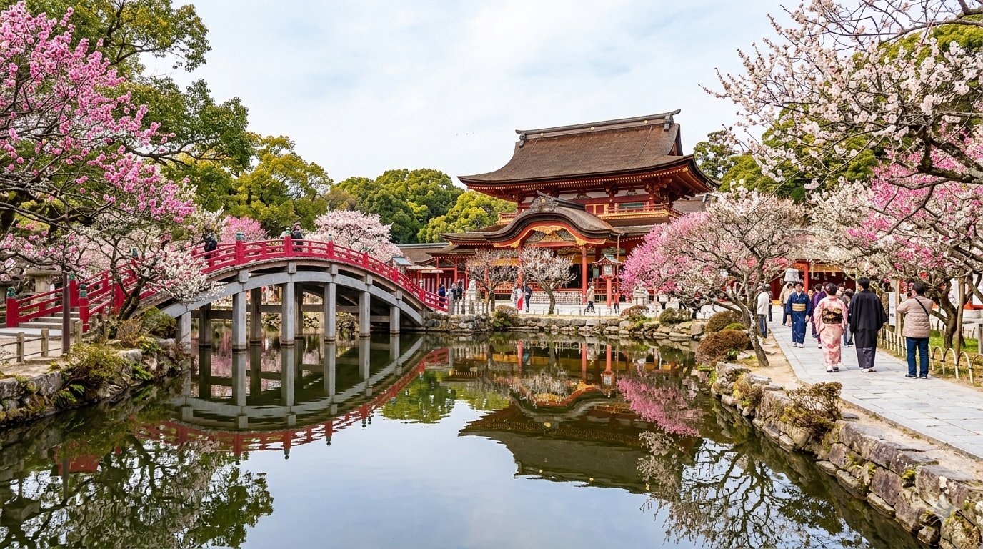 Dazaifu Tenmangu shrine of scholarship with plum blossoms, Fukuoka Japan