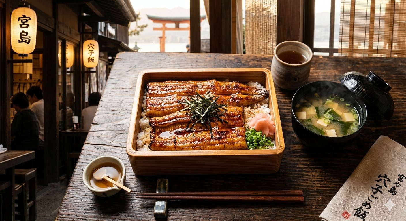 Miyajima anagomeshi — grilled conger eel over rice cooked in eel-bone broth