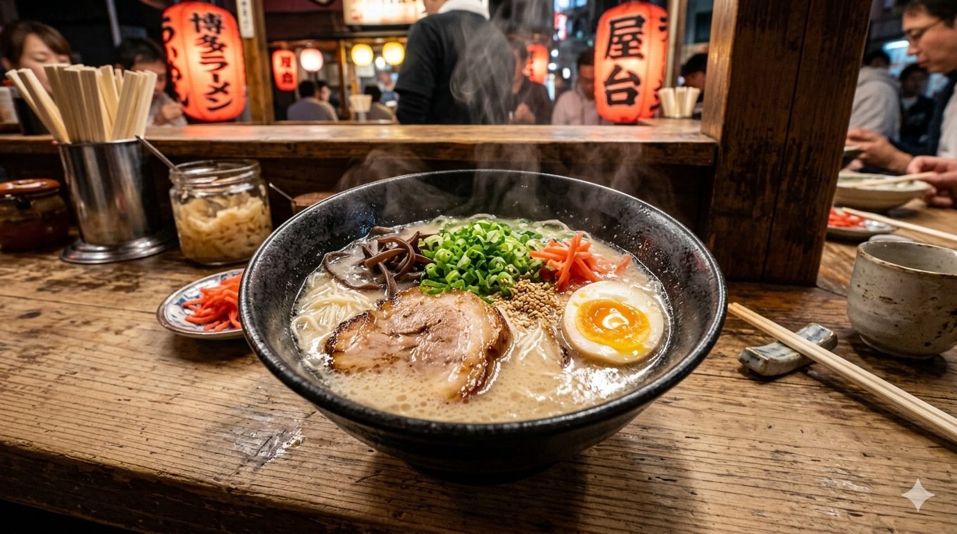 Hakata tonkotsu ramen — milky pork bone broth with thin firm noodles