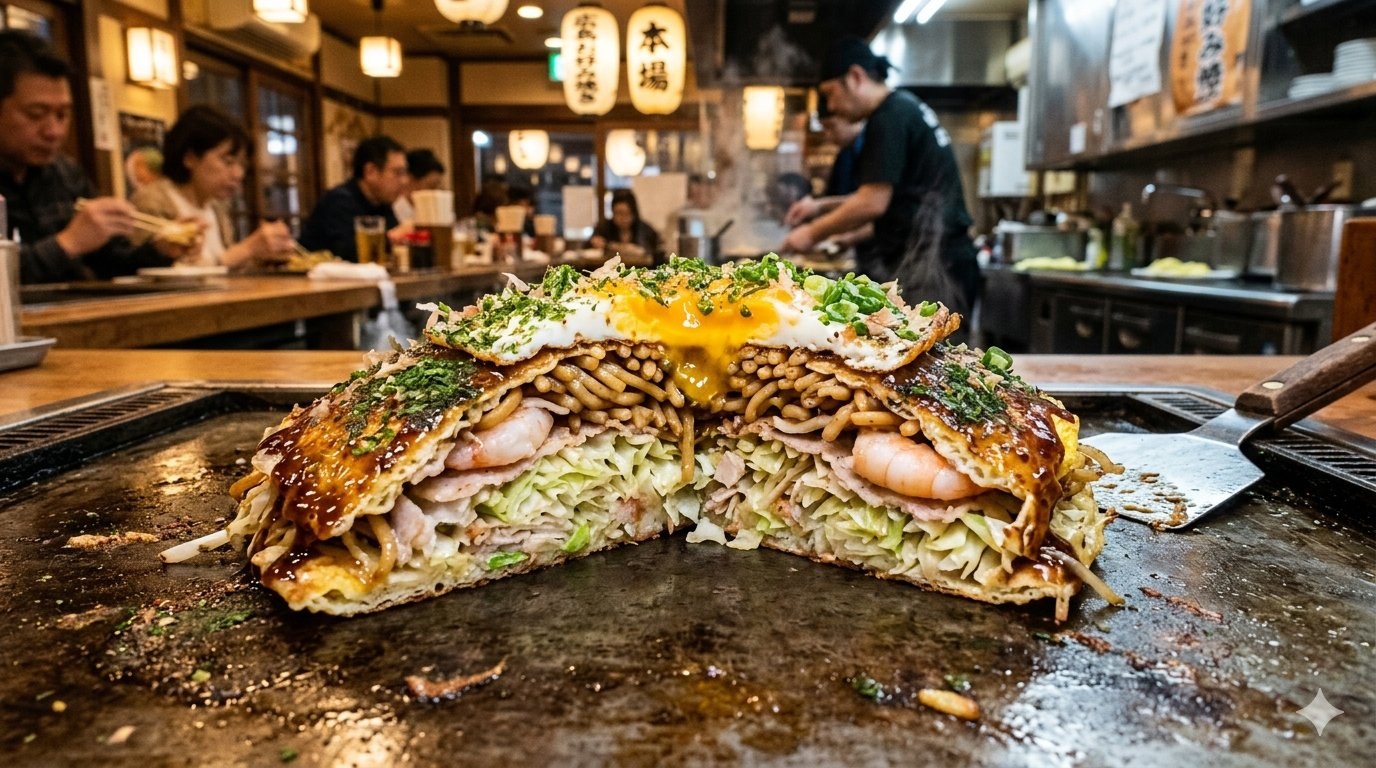 Hiroshima okonomiyaki — layered savory pancake with yakisoba noodles inside