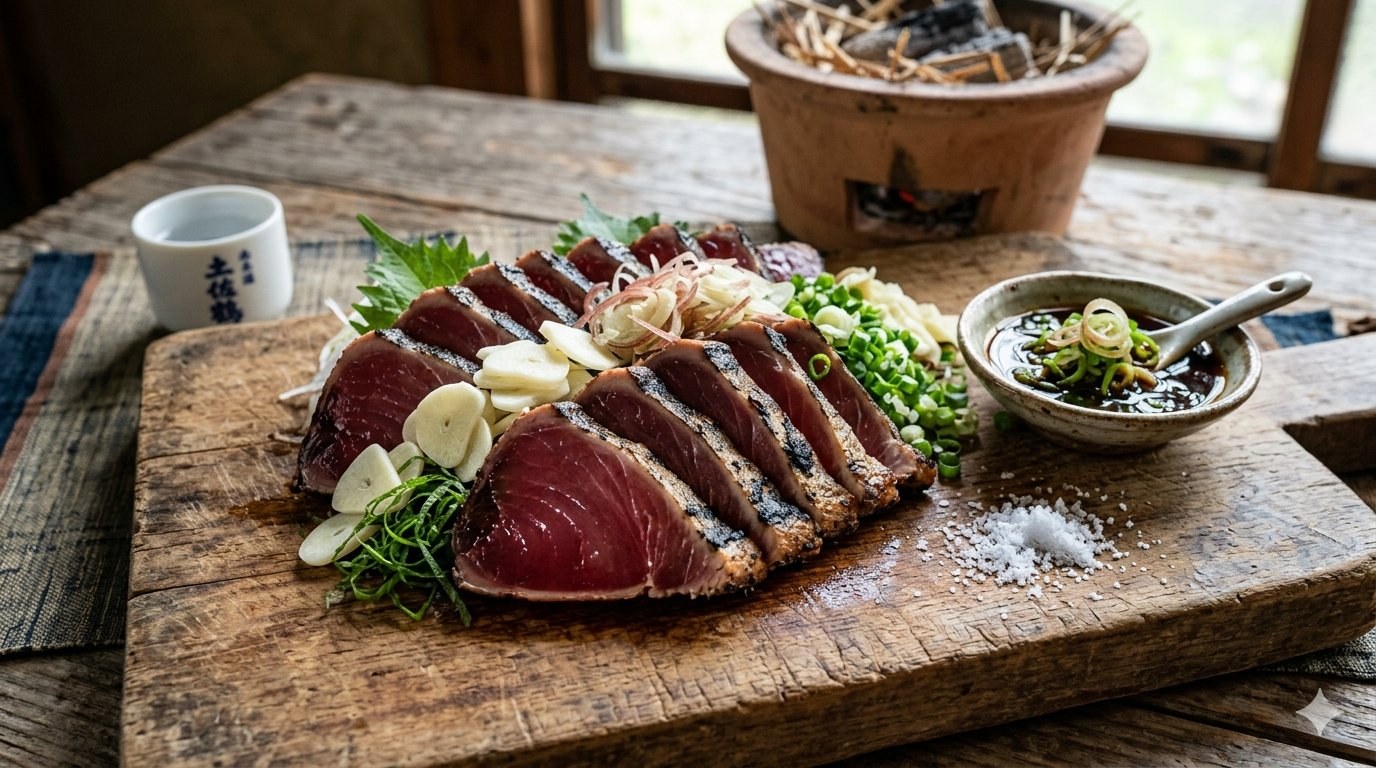 Kochi katsuo no tataki — bonito tuna seared over straw fire and dressed with citrus ponzu