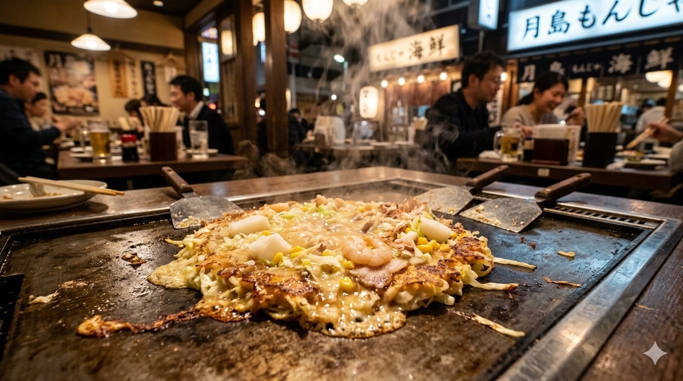 Tsukishima monjayaki — Tokyo's runny savory pancake scraped off a hot grill