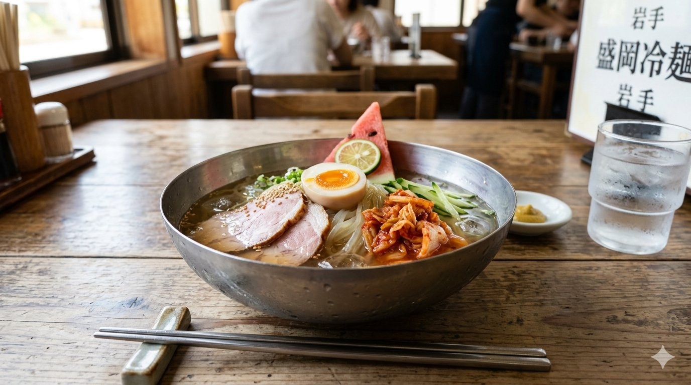 Morioka reimen — chewy translucent noodles in cold beef broth with kimchi and watermelon