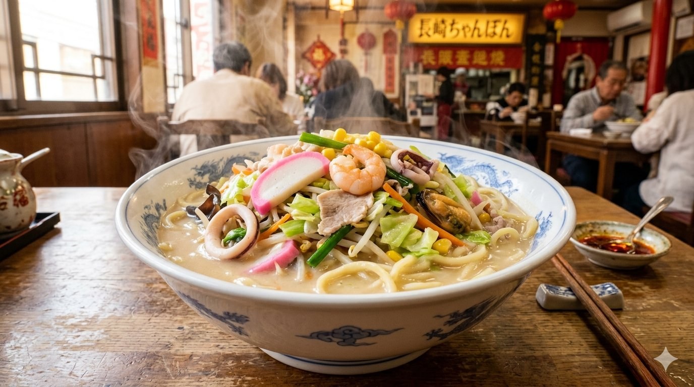 Nagasaki champon — Chinese-influenced noodle dish with seafood and pork in pork-chicken broth