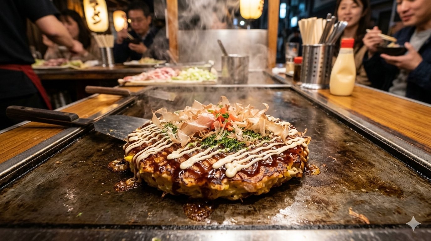 Osaka okonomiyaki — savory cabbage pancake fried on a teppan grill