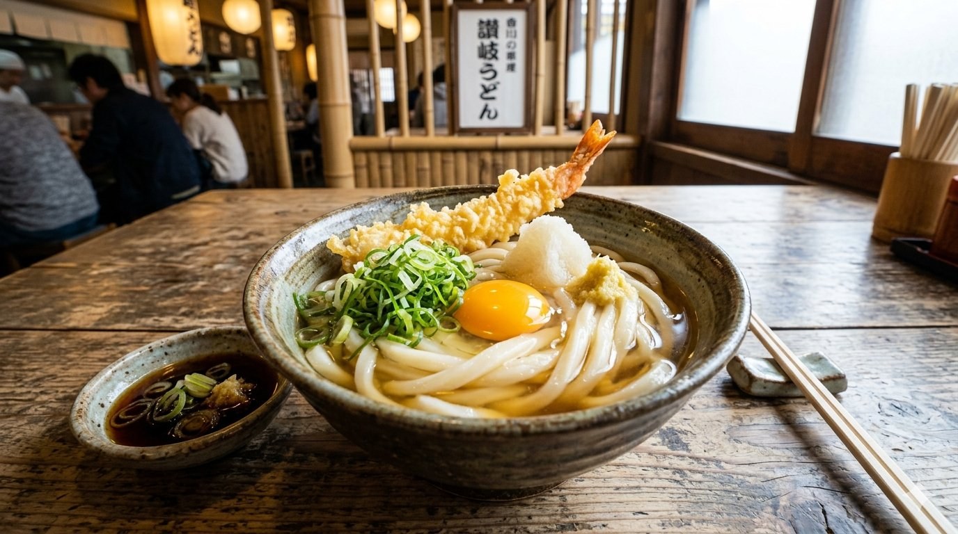 Sanuki udon — Kagawa's famous square-edged chewy wheat noodles in iriko dashi