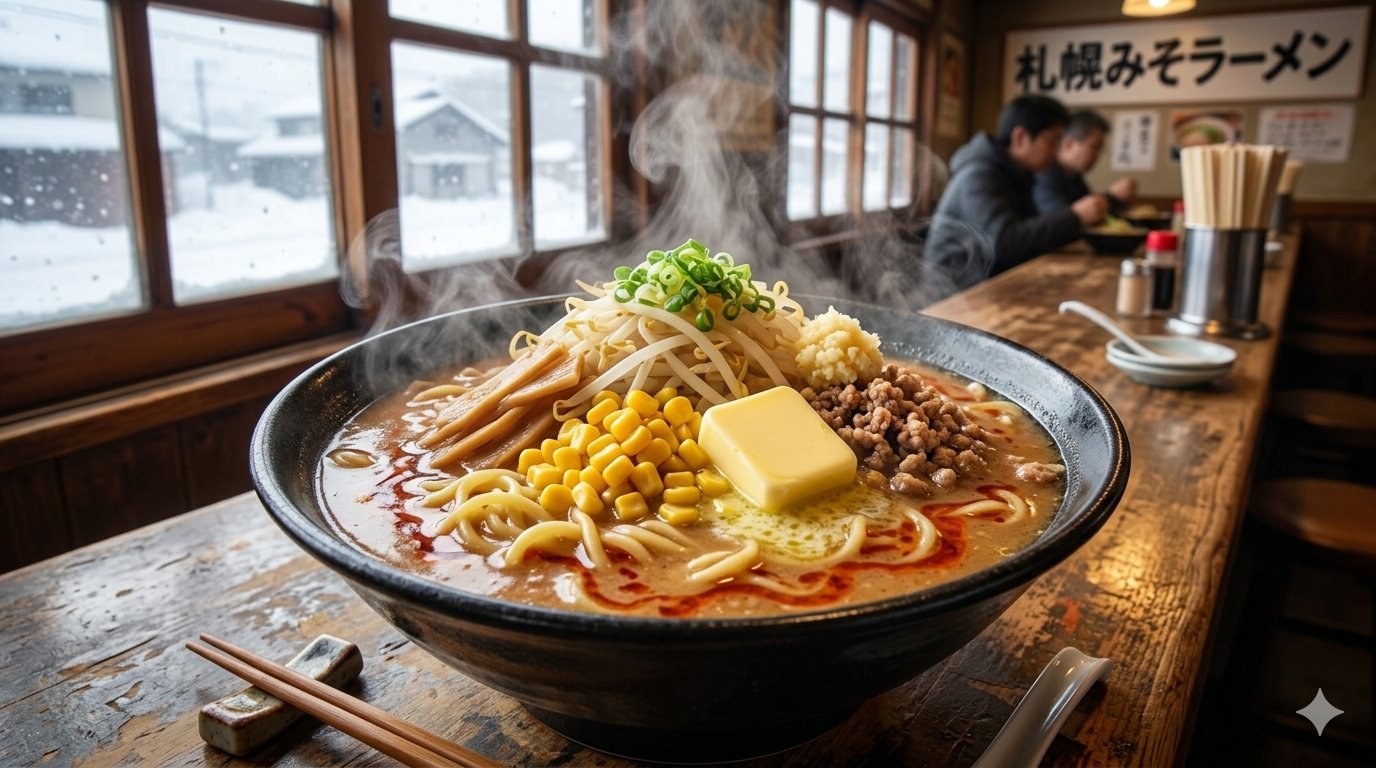 Sapporo miso ramen — rich fermented broth with butter, corn, and curly noodles, born in 1955 Hokkaido