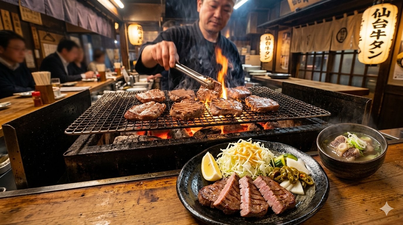 Sendai gyutan — charcoal-grilled salt-cured beef tongue, born in postwar Sendai