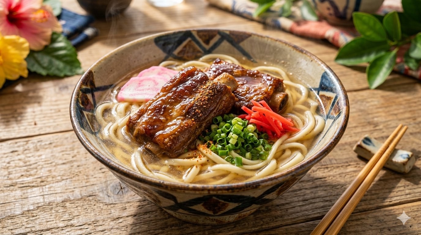 Okinawa soki soba — wheat noodles topped with awamori-braised pork ribs