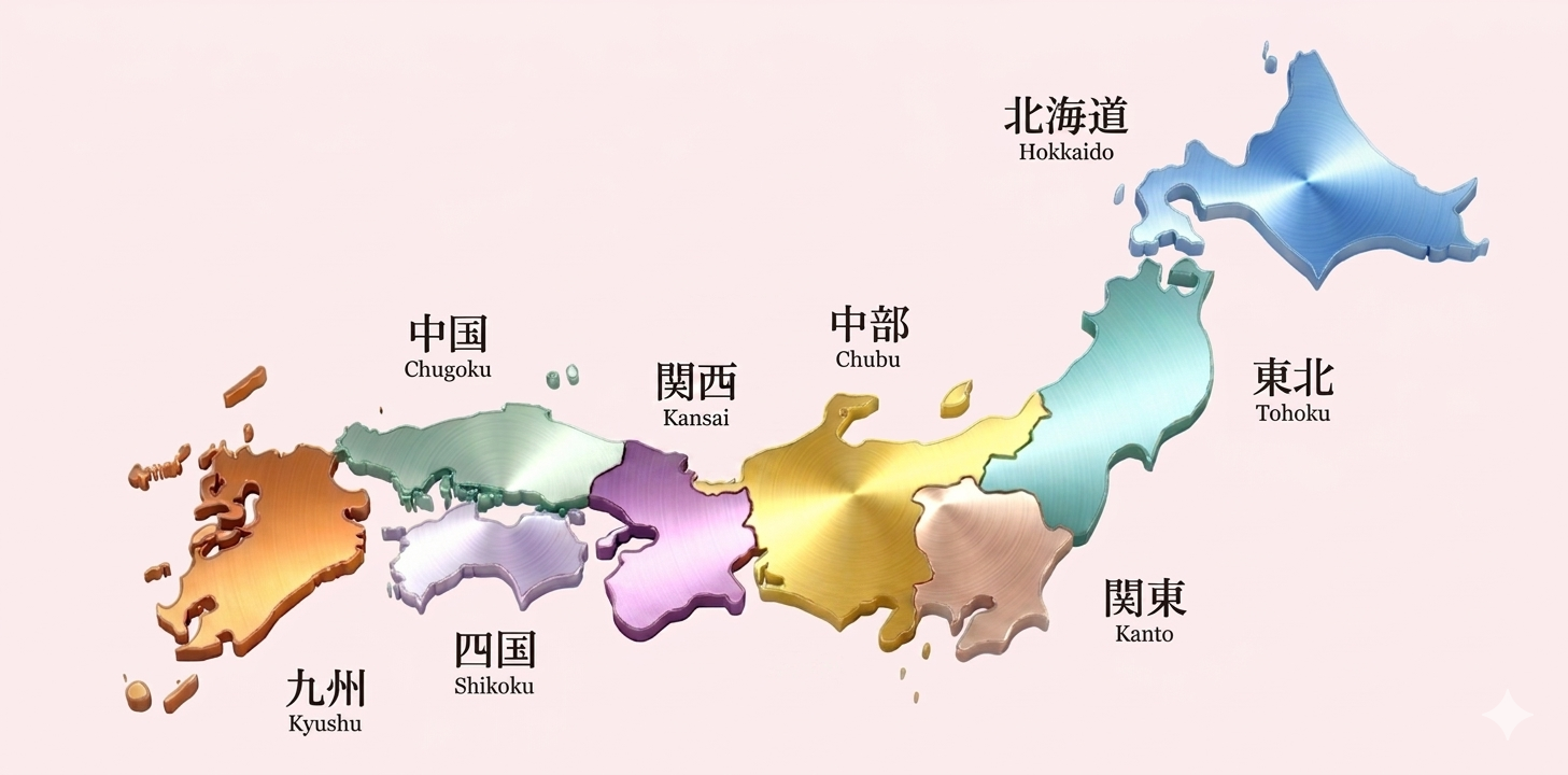 Japan regions map — color coded by area