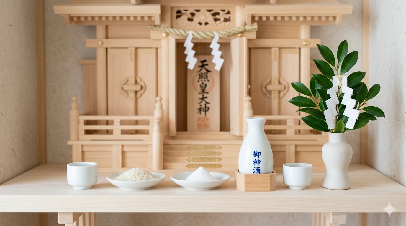 Traditional kamidana home shrine in a modern Japanese living room — how to display a kamidana