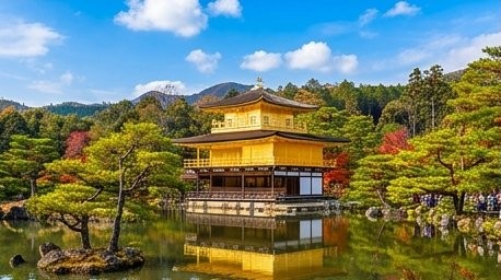 Kinkaku-ji Golden Pavilion reflected in mirror pond, Kyoto Japan