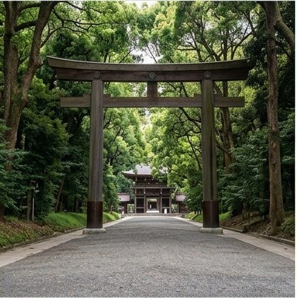 Meiji Jingu Shrine forest path and torii gate, Shibuya Tokyo Japan
