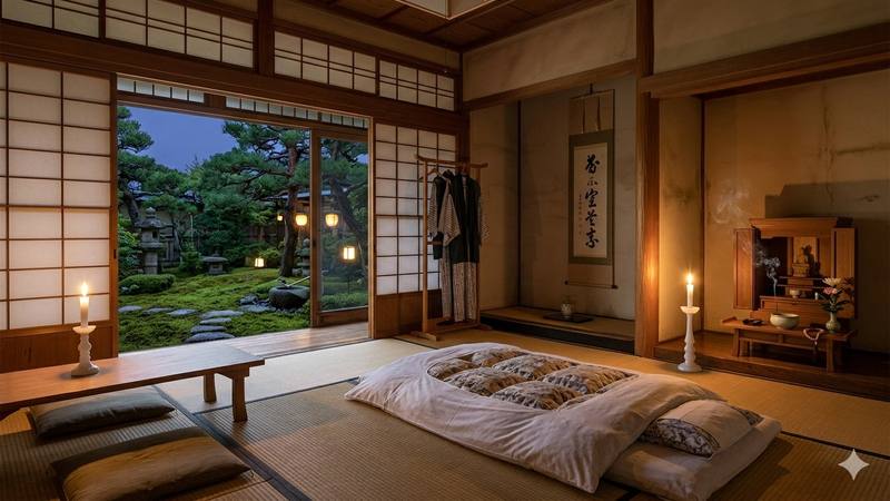 Traditional shukubo temple lodging room with tatami, futon, and moss garden view in Koyasan Japan