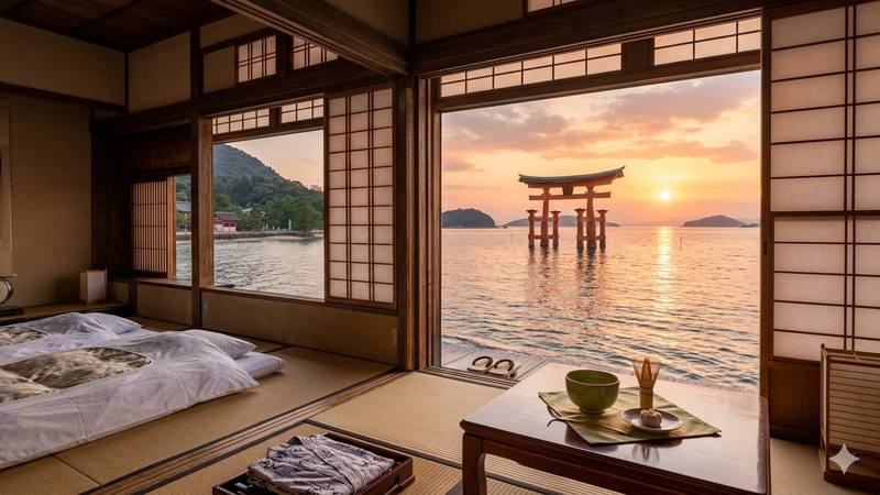Japanese ryokan tatami room with view of Itsukushima floating torii gate at sunset on Miyajima island
