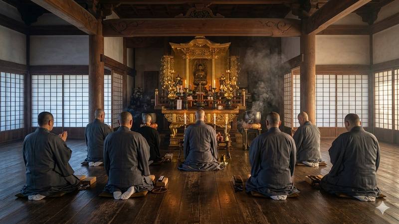 Buddhist monks performing early morning prayer ceremony before golden altar in Japanese temple